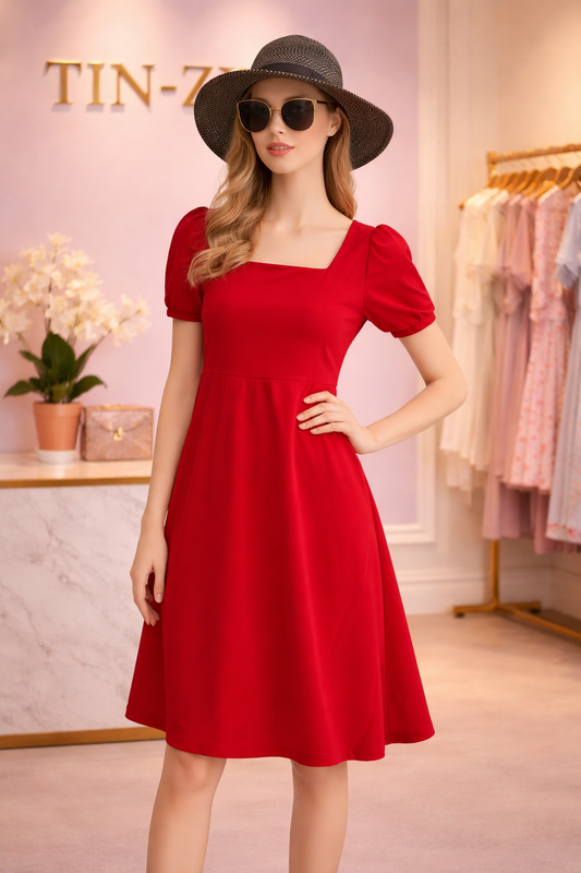 Elegant sundress solid empire waist dress /slim fit midi dress